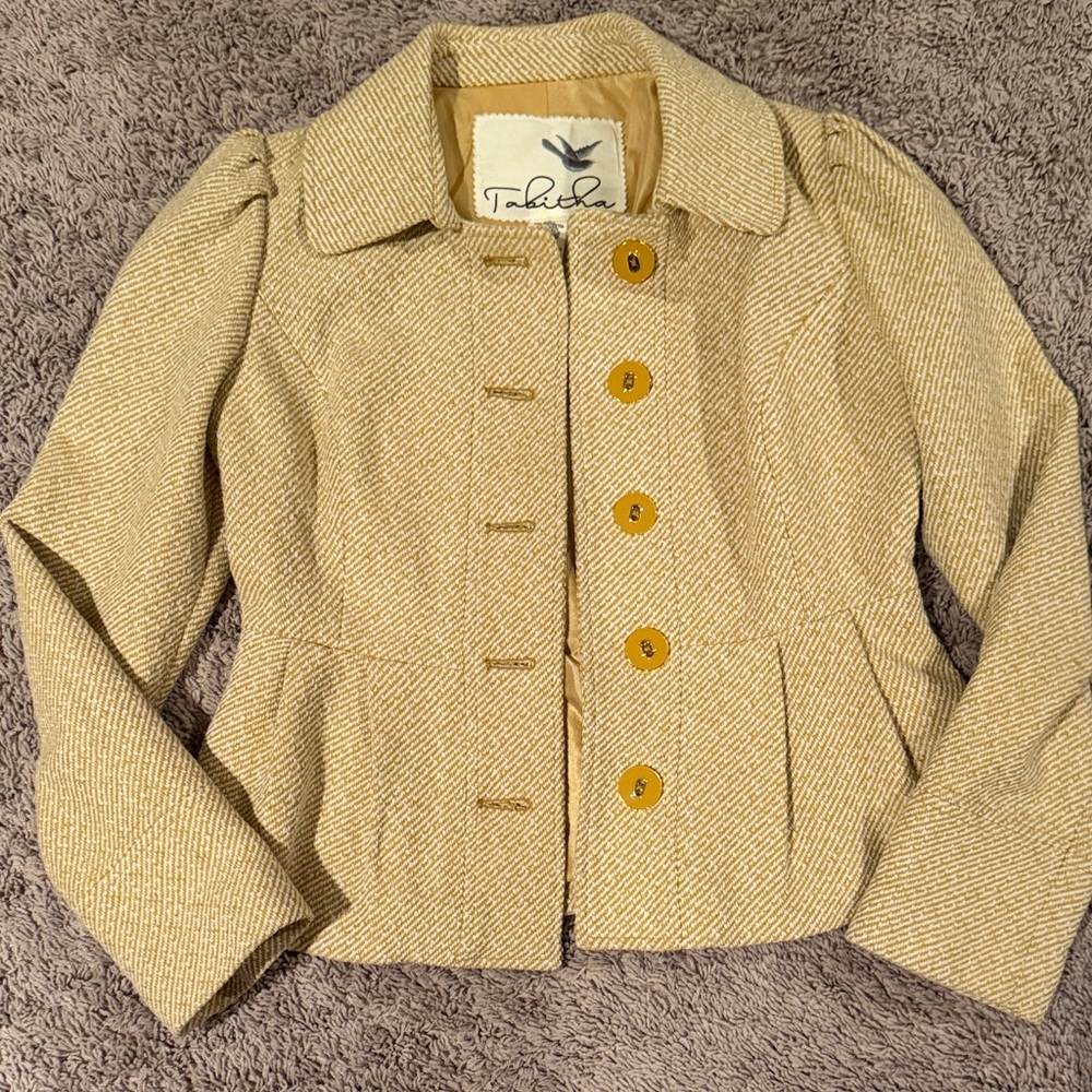 Anthropologie 6 Tabitha mustard gold yellow wool tweed peplum blazer jacket